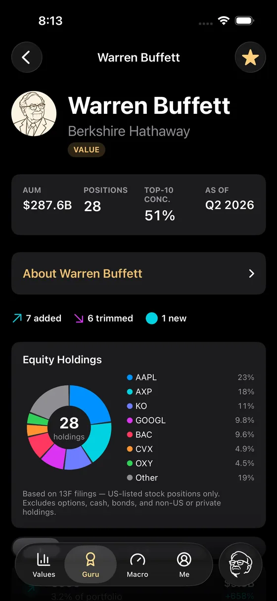 The DeepValues iPhone app: Warren Buffett's 13F portfolio, with the positions added and trimmed last quarter