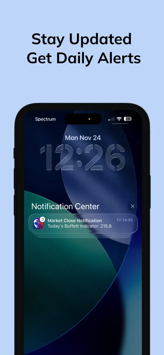 A market-close notification with today's Buffett Indicator on the iPhone lock screen